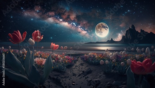 A field of flowers with the moon in the background , ai generated