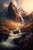 Generative AI illustration image of stunning high waterfall cascading down mountian in stunning valley landscape  during golden hour