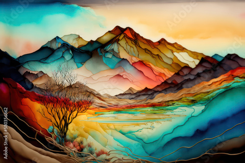 Generative AI illustration image of beautiful stunning unique abstract fantasy mountain landscape of cel shading and alcohol ink coloring