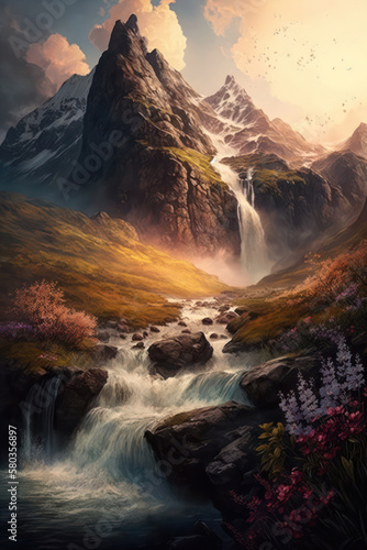 Generative AI illustration image of stunning high waterfall cascading down mountian in stunning valley landscape  during golden hour © veneratio