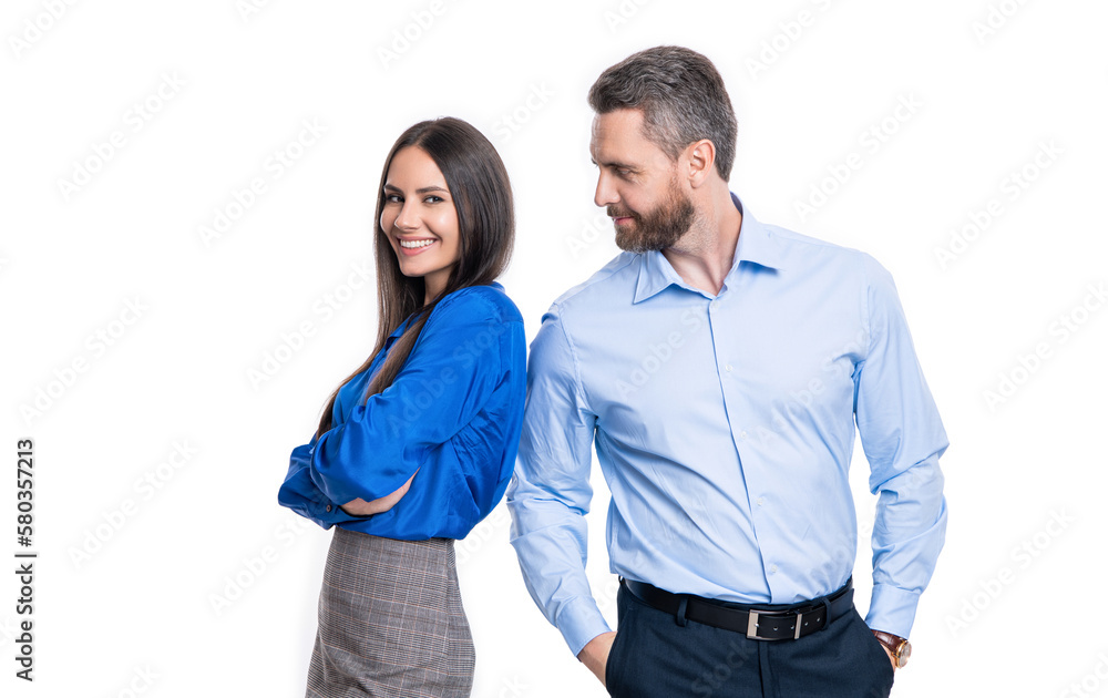 photo of cheerful business couple colleagues. business couple isolated on white. photo of cheerful business couple colleagues. business couple isolated on white.