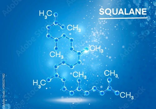 3d illustration of a squalene molecule, a volumetric atom molecule. Chemical cosmetic element on the podium with illumination from above. molecules in glowing particles on a blue background. photo