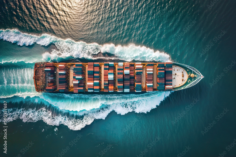 Aerial Shot with the container cargo ship at sea or ocean. Logistic goods transport import and export goods transport in containers with the container ship. AI generated illustration. - obrazy, fototapety, plakaty 