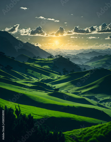 paisaje de montañas con campo verde y atardecer