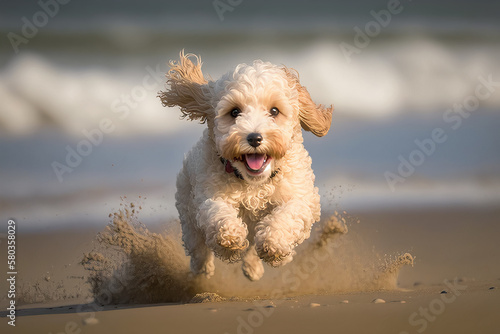 Cute cockapoo dog running on the beach AI generative  © warpaintcobra