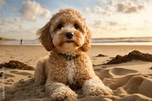 Cute cockapoo dog at the beach AI generative	