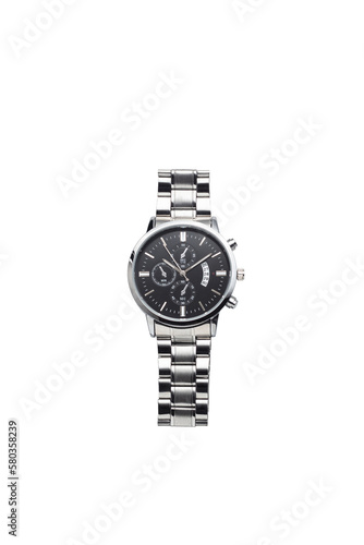 Luxury black and silver watch on transparent background 