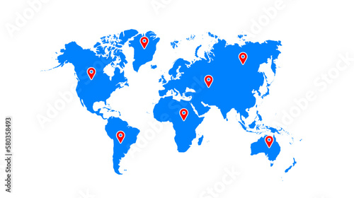 World map with location icon vector illustration. World map template with continents, North and South America, Europe and Asia, Africa and Australia