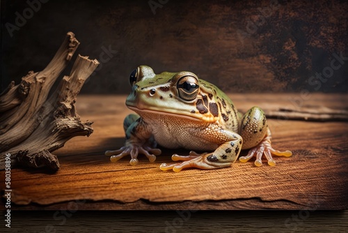 Frog with a white chin the infrafrenata litoria on wood. Generative AI