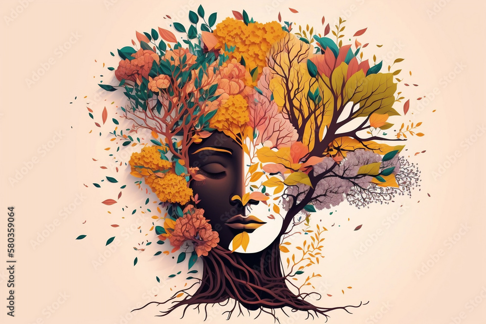 Human Face Tree With Flowers For Mental Health, Human Face Tree With Flowers, Self Care And Mental Health Concept, Positive Thinking, Creative Mind Illustration, Generative Ai