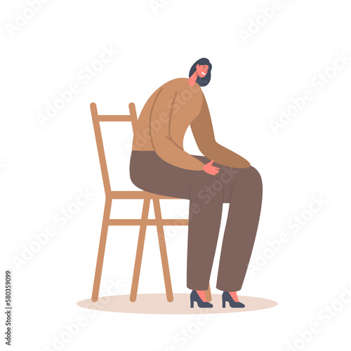 Peaceful Female Character Sitting on Chair, Deep In Prayer With Bowed Head and Hands on Knees in Catholic Church