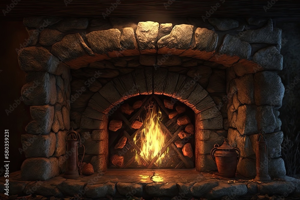 Fire is burning in the stone fireplace. Generative AI Fire is burning in the stone fireplace. Generative AI