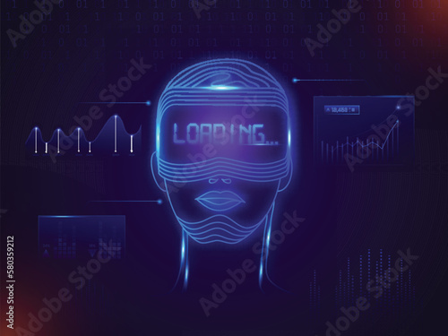 Holographic Screen Technology Background With Man Wearing VR Goggles Showing Status of Loading System.