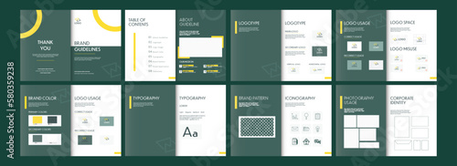 Brand Guidelines Templates Layout, Brand Book, Corporate Identity, Guide Book Presentation Against Teal Green Background.