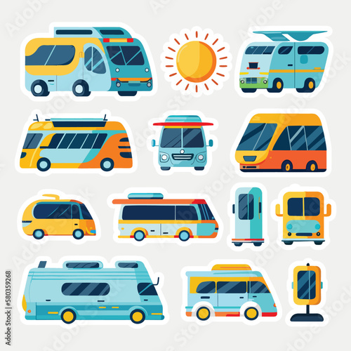 Sticker Style Eco Or Electric Bus Icon Set.