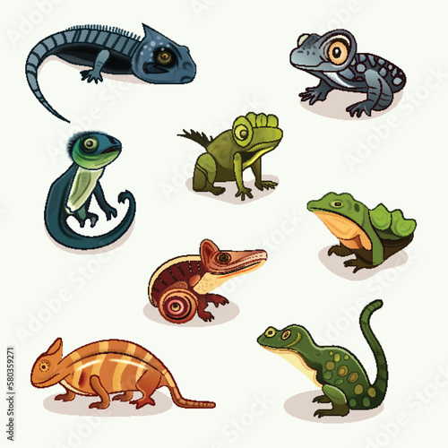Set Of Amphibians Animal Character In Flat Style. photo