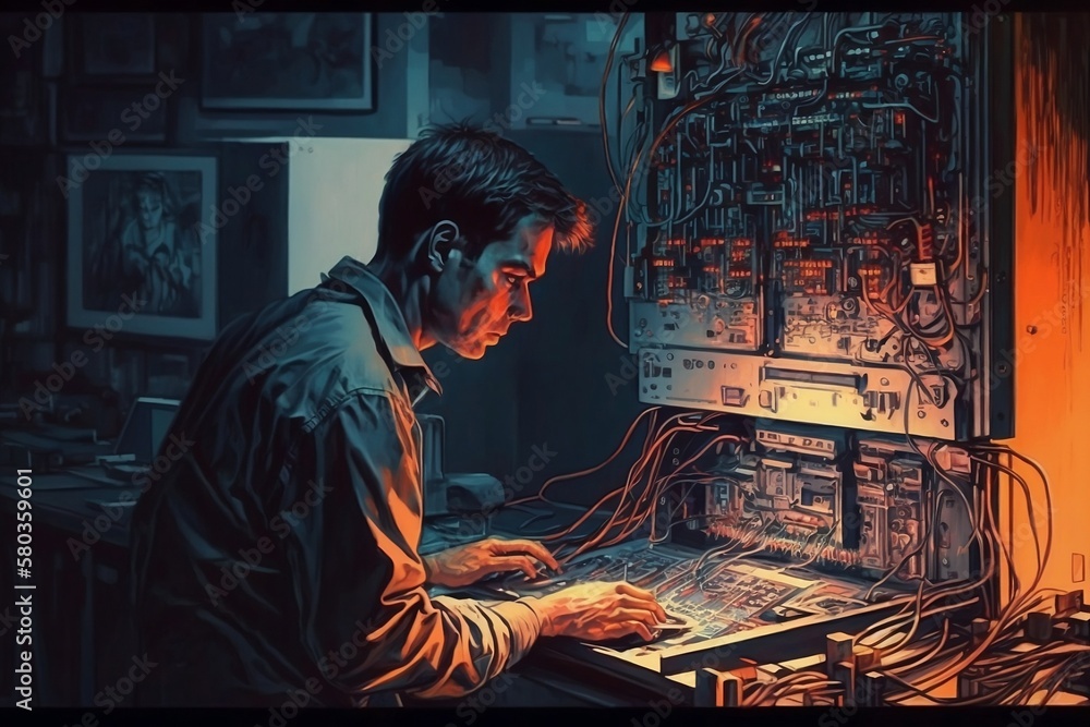 Oil painting man computer