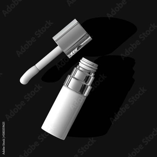 white lip oil open tube top view isolated with long shadow black background
