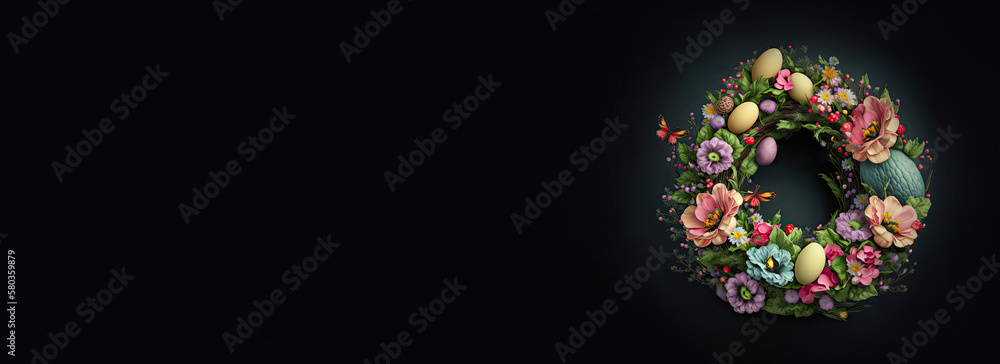 Easter Concept with Colorful Eggs and Flowers in a Frame.