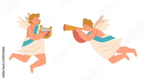 Cherubs Playing on Harp and Trumpet. Heavenly And Angelic Religious Figures. Type Of Angelic, Winged Infant Or Child