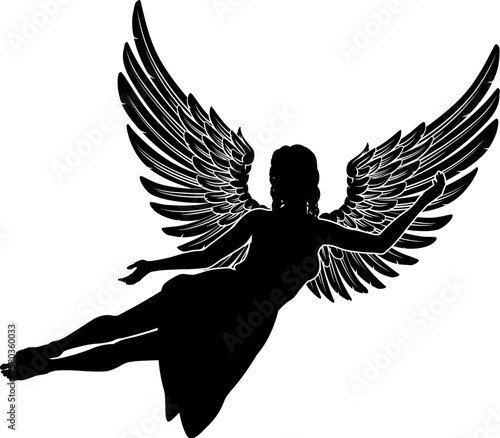 A flying female angel woman with feather wings silhouette