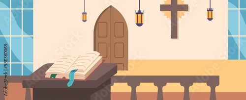 Grand Interior Of Catholic Church With Arched Glass Windows And Wooden Door, Cross On Wall, Lamps, Open Bible