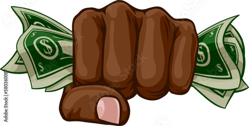 A hand in a fist squeezing cash money dollar bills. In a comic book pop art cartoon illustration style