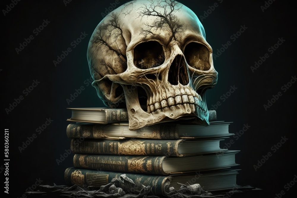 eerie skull on a stack of books. Generative AI eerie skull on a stack of books. Generative AI