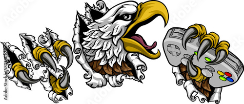 A bald eagle or hawk ripping or tearing through the background with a video game controller in its claws. Gamer e sports cartoon mascot