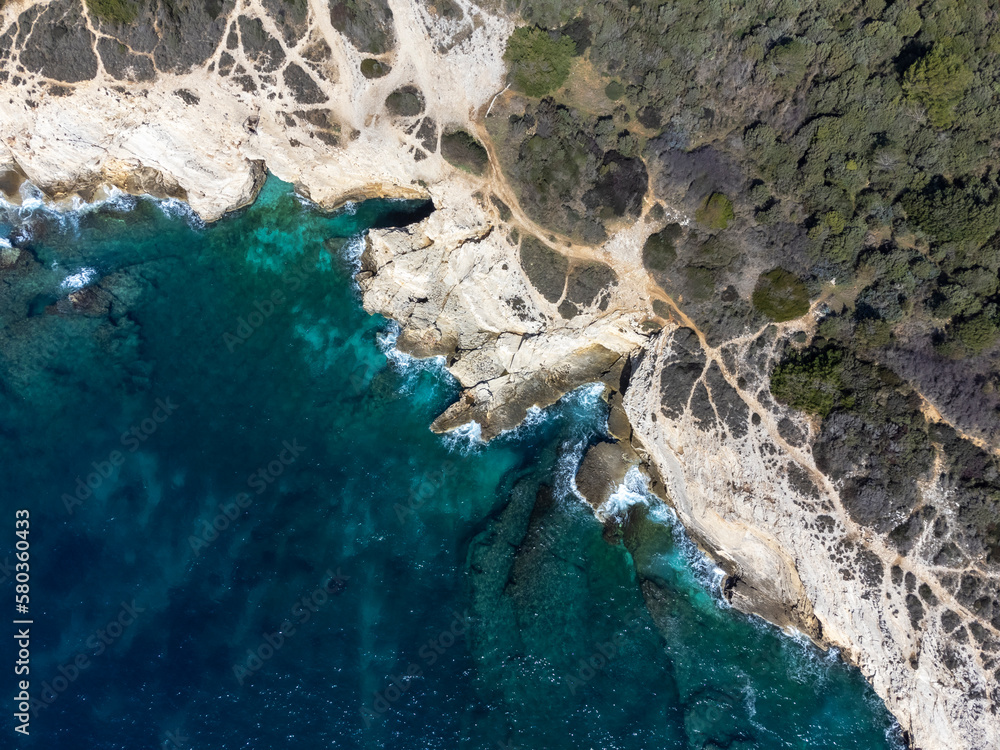 drone shot of Cape Kamenjak, a protected natural area on the southern tip of the Istrian peninsula in Croatia, Europe