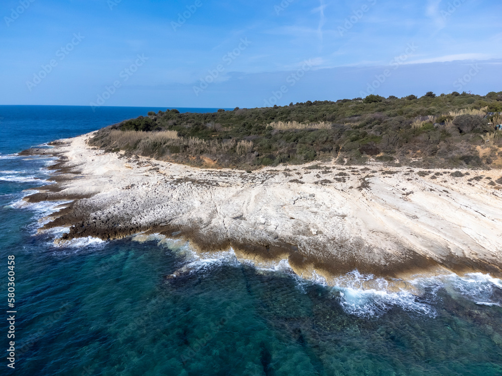 drone shot of Cape Kamenjak, a protected natural area on the southern tip of the Istrian peninsula in Croatia, Europe