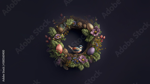 3D Render of Cute Bird Sitting On Floral Egg Nest Against Black Background And Copy Space.