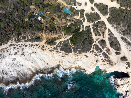 Obraz na płótnie drone shot of Cape Kamenjak, a protected natural area on the southern tip of the Istrian peninsula in Croatia, Europe w salonie