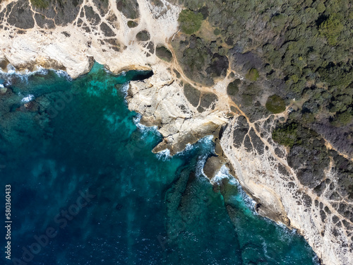 drone shot of Cape Kamenjak, a protected natural area on the southern tip of the Istrian peninsula in Croatia, Europe