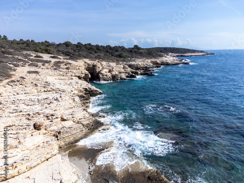 Obraz na płótnie drone shot of Cape Kamenjak, a protected natural area on the southern tip of the Istrian peninsula in Croatia, Europe w salonie