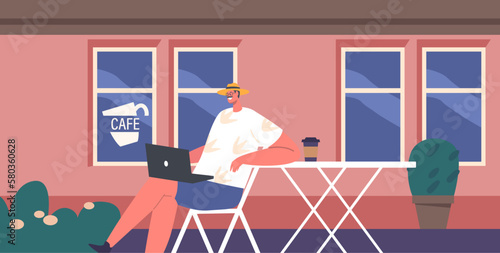 Man Working On Laptop While Enjoying A Cup Of Coffee In Street Cafe. Freelancer Male Character Remote Work