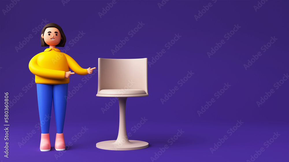 3D Render of Young Woman Pointing To Vacant Chair Through Index Finger And Copy Space On Purple Background. 3D Render of Young Woman Pointing To Vacant Chair Through Index Finger And Copy Space On Purple Background.