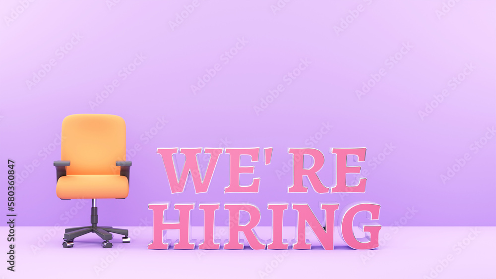 3D Render of Pink We're Hiring Text And Realistic Vacant Office Chair On Gradient Purple Background. 3D Render of Pink We're Hiring Text And Realistic Vacant Office Chair On Gradient Purple Background.