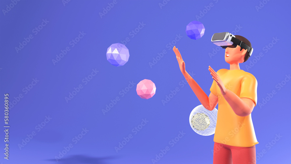 3D Render of Young Man Character Interacting With Polygonal Spheres Through VR Goggles On Blue Background And Copy Space. 3D Render of Young Man Character Interacting With Polygonal Spheres Through VR Goggles On Blue Background And Copy Space.