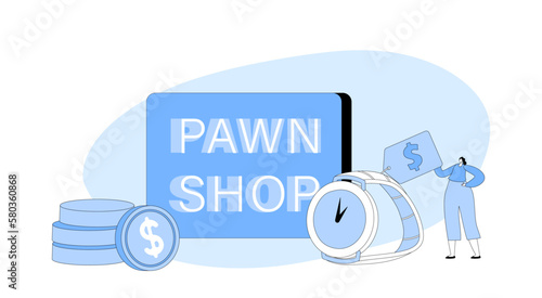 Tiny Female Character Near Huge Gold Watch In Pawn Shop. Customer Buy Or Sell Precious Metal, Jewelry, Coins