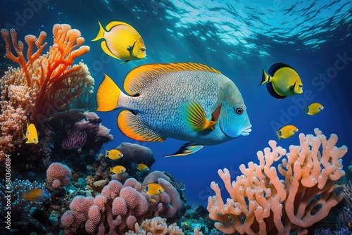 Fish in the coral reef region. Generative AI