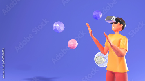 3D Render of Young Man Character Interacting With Polygonal Spheres Through VR Goggles On Blue Background And Copy Space.