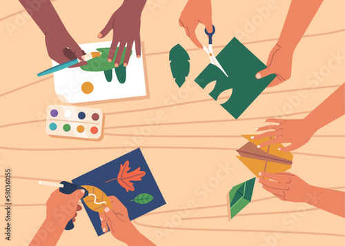 Hands Painting, Cutting Colored Paper, Folding Origami, Make Appliques Top View over Wooden Table Top. Diy, Creativity