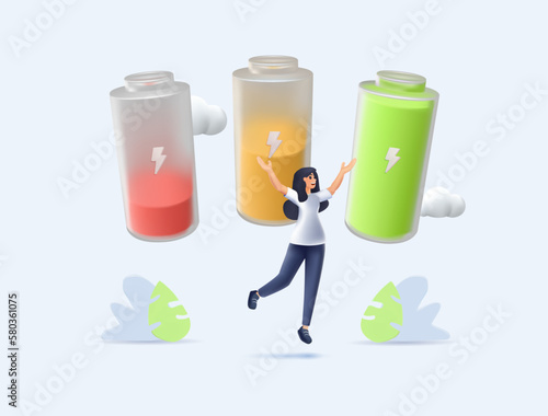 3D woman vital energy, human energy boost concept. Character with a high level of life battery charge indicator. Active person with recharged battery. 3D cartoon vector illustration