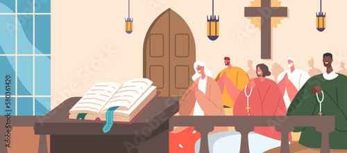 Catholic Church Filled With People, Gathered For Worship Or Celebration. Male Female Characters Praying Sitting On Bench