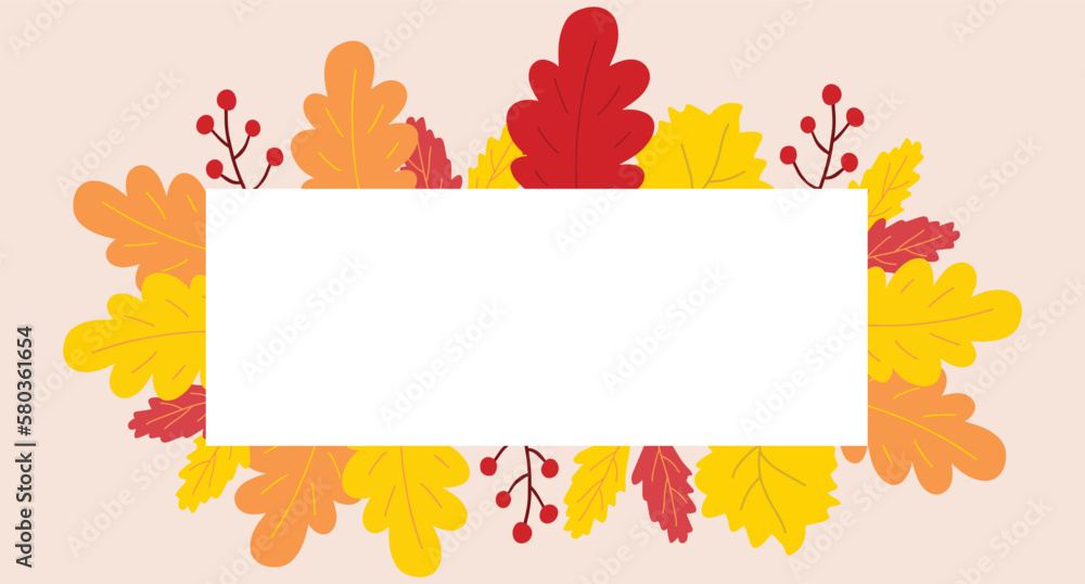 Autumn fall square vector frame. Yellow, orange and red leaves. Cute hand drawn harvest seasonal farmhouse illustration on white background Autumn fall square vector frame. Yellow, orange and red leaves. Cute hand drawn harvest seasonal farmhouse illustration on white background