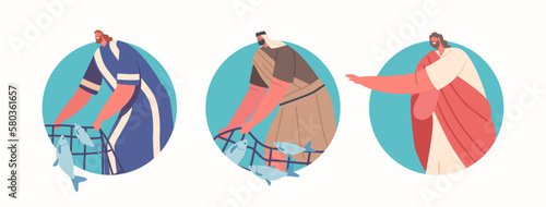 Round Icons of Wonderful Catch Biblical Event. Jesus and Apostle Characters Miraculously Caught A Large Amount Of Fish