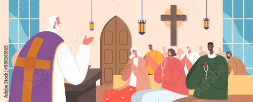 Catholic Church With People Gathered Inside And A Priest Leading The Service. Community, Faith, And Devotion Religious