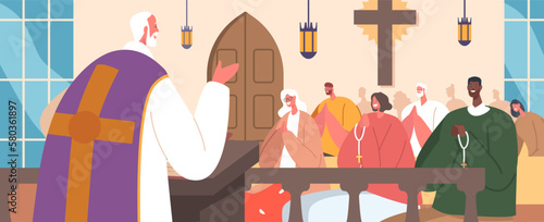 Catholic Church With Characters Gathered And A Priest Leading The Service. Essence Of Faith, Spirituality, And Community