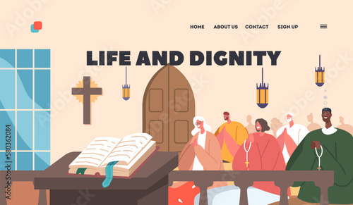 Life And Dignity Landing Page Template. Catholic Church Filled With People, Gathered For Worship Or Celebration